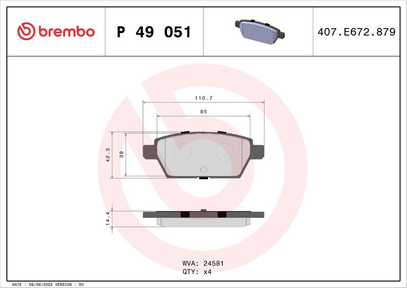 Zestaw klocków hamulcowych, hamulce tarczowe BREMBO P 49 051