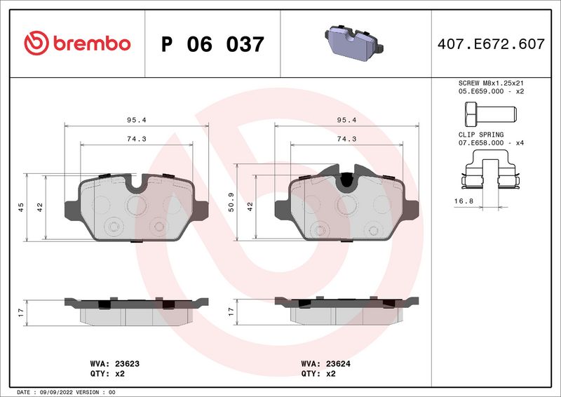 Zestaw klocków hamulcowych, hamulce tarczowe BREMBO P 06 037X