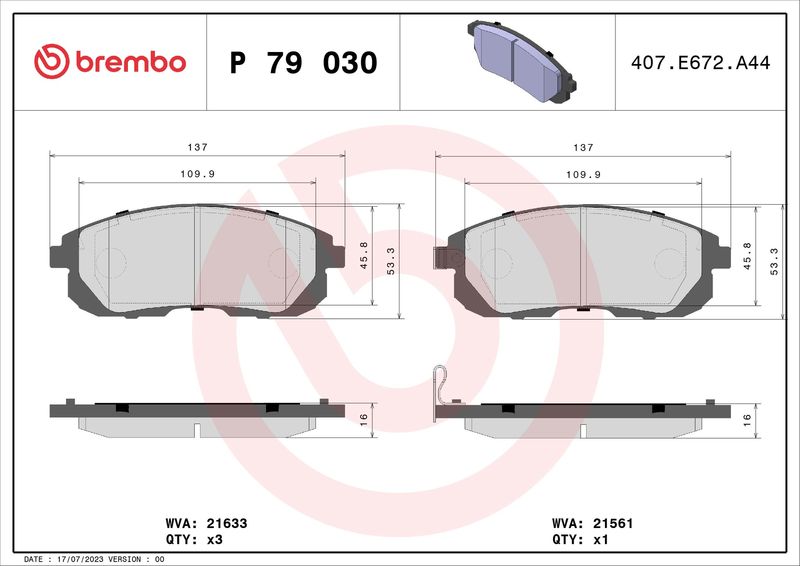 Zestaw klocków hamulcowych, hamulce tarczowe BREMBO P 79 030