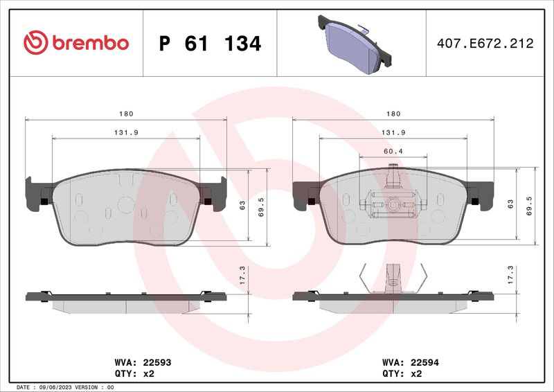 Zestaw klocków hamulcowych, hamulce tarczowe BREMBO P 61 134