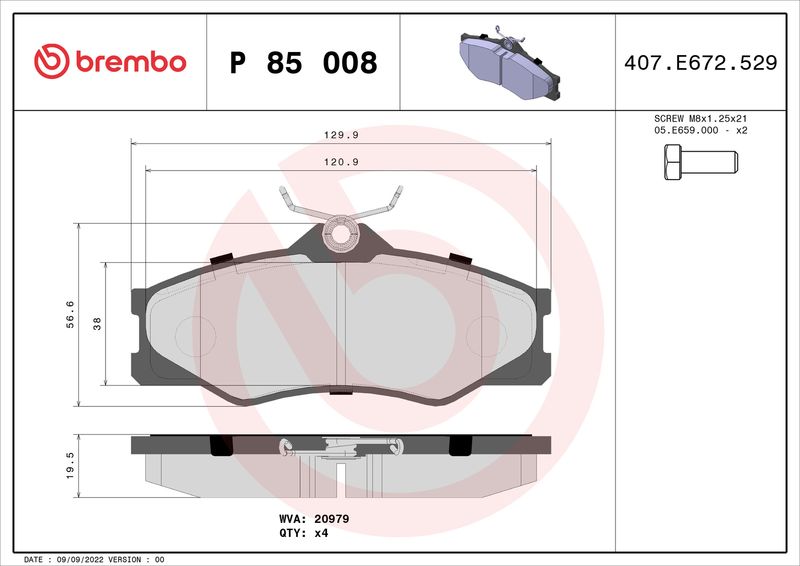 Zestaw klocków hamulcowych, hamulce tarczowe BREMBO P 85 008