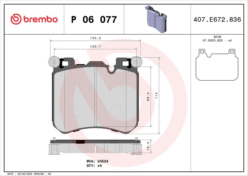 Zestaw klocków hamulcowych, hamulce tarczowe BREMBO P 06 077