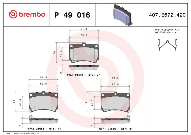 Zestaw klocków hamulcowych, hamulce tarczowe BREMBO P 49 016