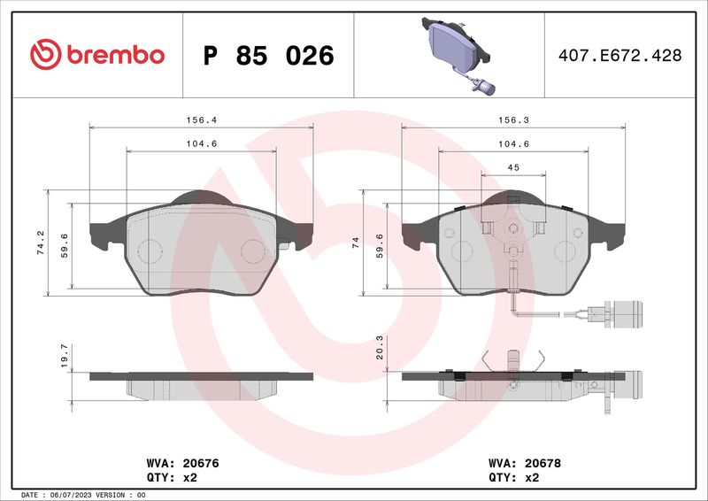 Zestaw klocków hamulcowych, hamulce tarczowe BREMBO P 85 026