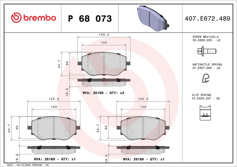 Zestaw klocków hamulcowych, hamulce tarczowe BREMBO P 68 073