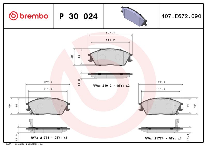 Zestaw klocków hamulcowych, hamulce tarczowe BREMBO P 30 024