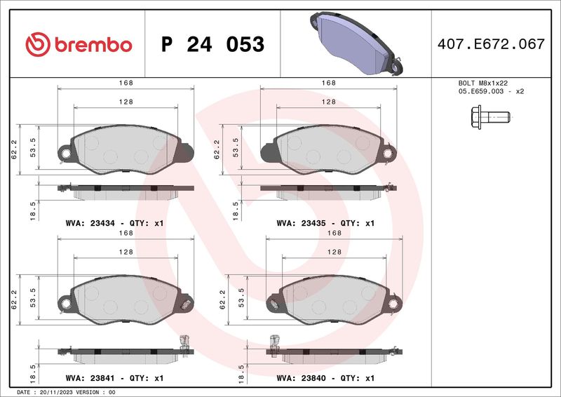 Zestaw klocków hamulcowych, hamulce tarczowe BREMBO P 24 053