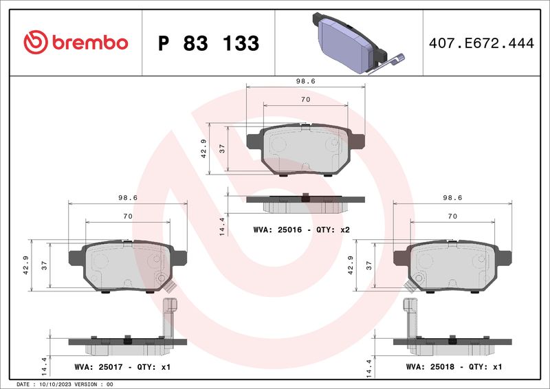 Zestaw klocków hamulcowych, hamulce tarczowe BREMBO P 83 133