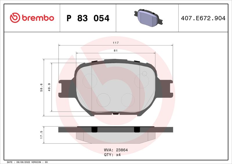 Zestaw klocków hamulcowych, hamulce tarczowe BREMBO P 83 054