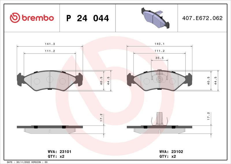Zestaw klocków hamulcowych, hamulce tarczowe BREMBO P 24 044