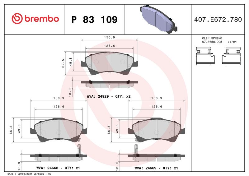 Zestaw klocków hamulcowych, hamulce tarczowe BREMBO P 83 109X
