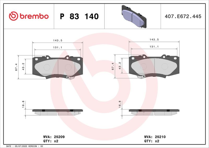 Zestaw klocków hamulcowych, hamulce tarczowe BREMBO P 83 140