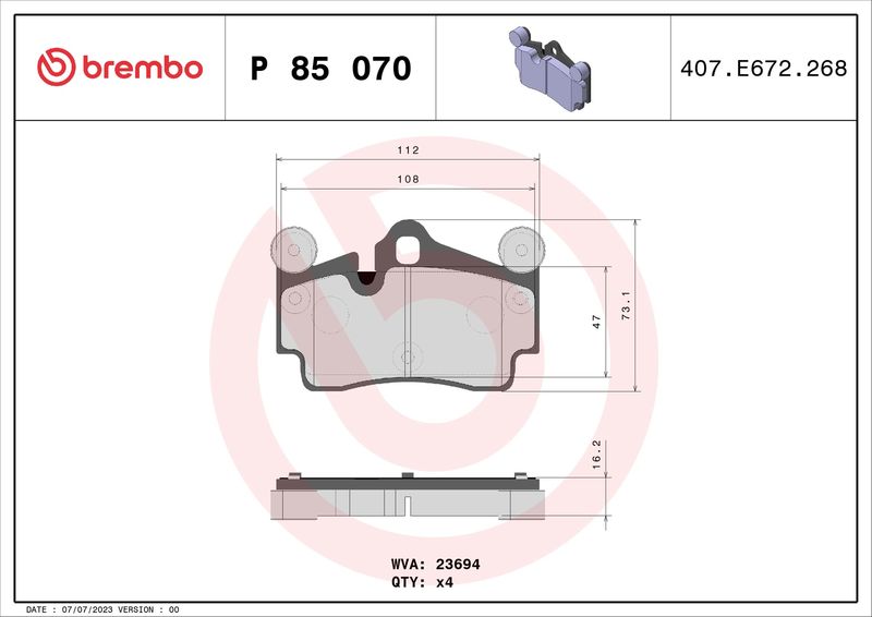 Zestaw klocków hamulcowych, hamulce tarczowe BREMBO P 85 070
