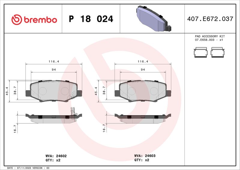 Zestaw klocków hamulcowych, hamulce tarczowe BREMBO P 18 024
