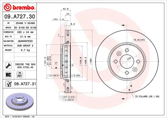 Tarcza hamulcowa BREMBO 09.A727.31