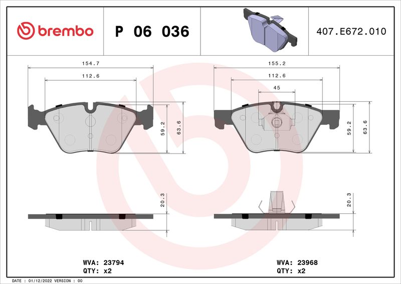 Zestaw klocków hamulcowych, hamulce tarczowe BREMBO P 06 036