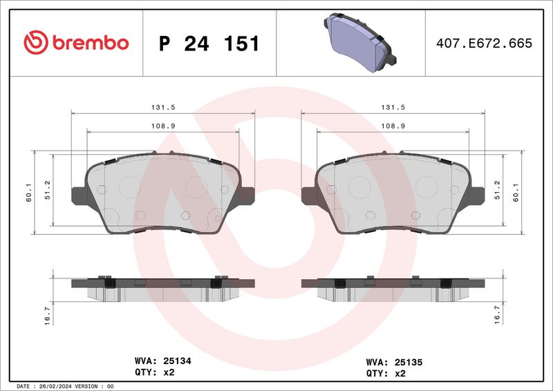 Zestaw klocków hamulcowych, hamulce tarczowe BREMBO P 24 151X
