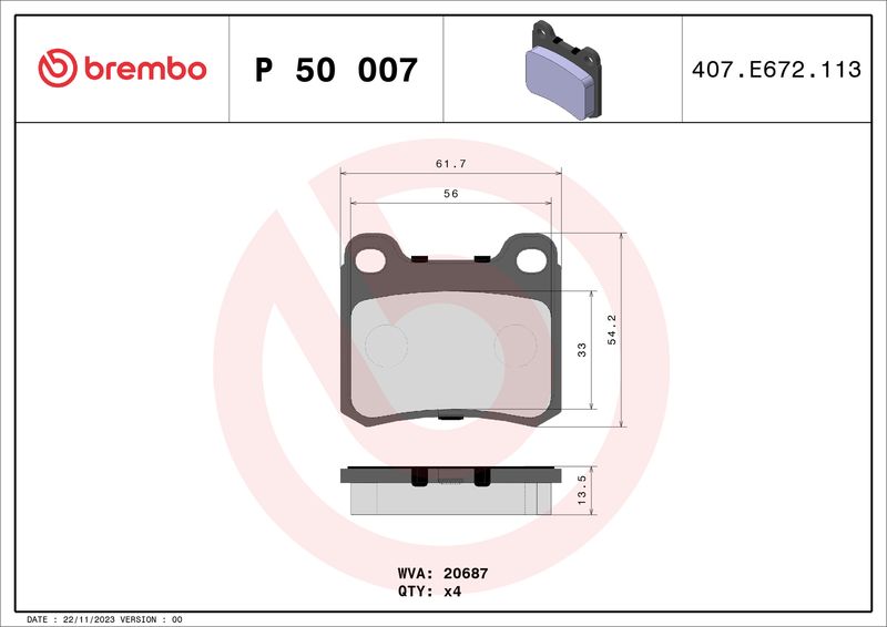 Zestaw klocków hamulcowych, hamulce tarczowe BREMBO P 50 007