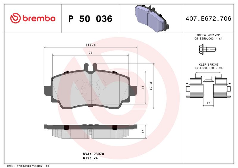 Zestaw klocków hamulcowych, hamulce tarczowe BREMBO P 50 036