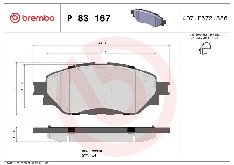 Zestaw klocków hamulcowych, hamulce tarczowe BREMBO P 83 167