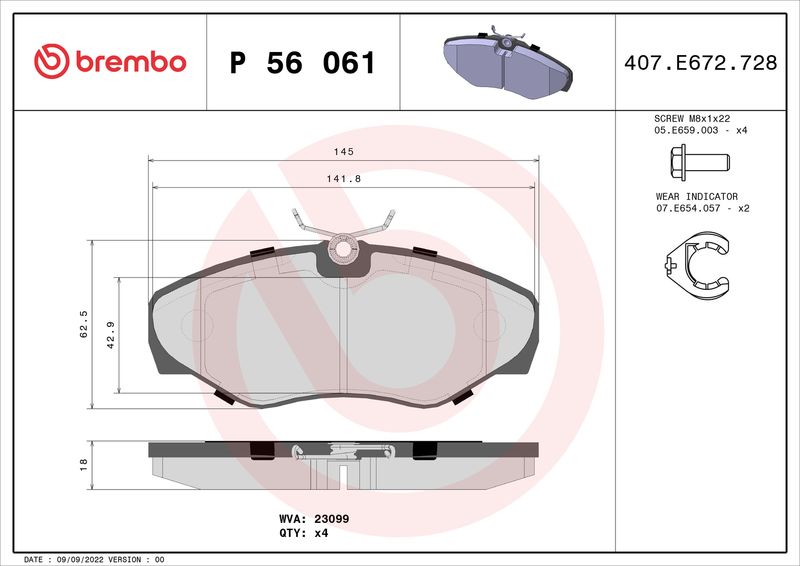 Zestaw klocków hamulcowych, hamulce tarczowe BREMBO P 56 061