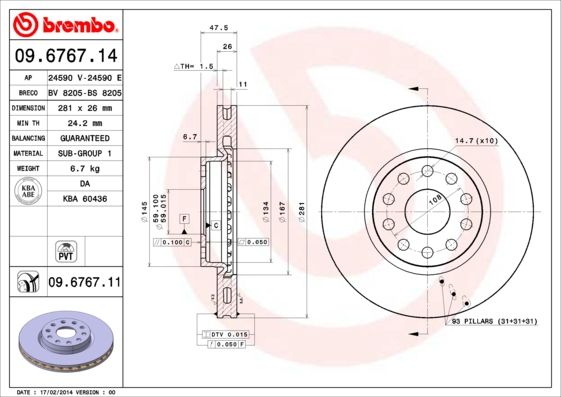 Tarcza hamulcowa BREMBO 09.6767.11