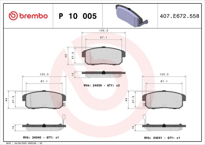 Zestaw klocków hamulcowych, hamulce tarczowe BREMBO P 10 005