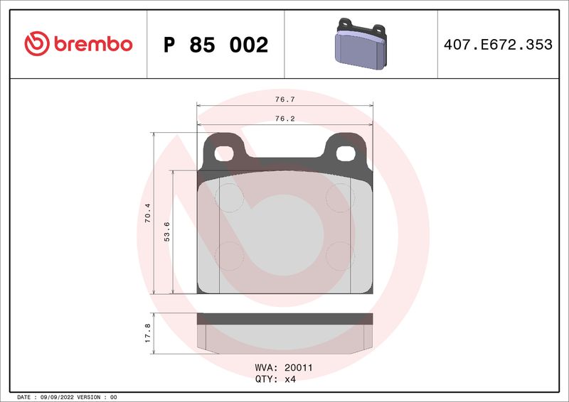 Zestaw klocków hamulcowych, hamulce tarczowe BREMBO P 85 002