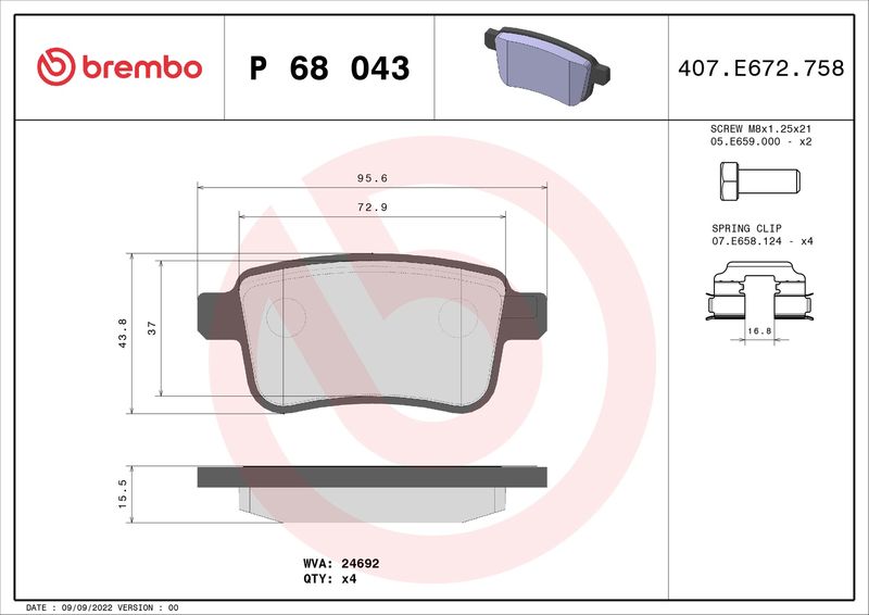 Zestaw klocków hamulcowych, hamulce tarczowe BREMBO P 68 043