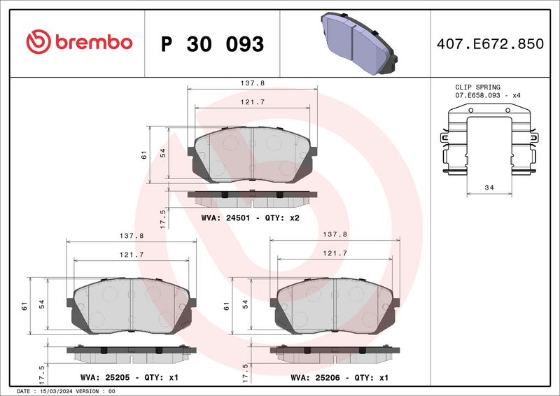 Zestaw klocków hamulcowych, hamulce tarczowe BREMBO P 30 093