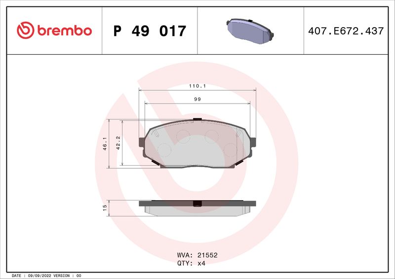 Zestaw klocków hamulcowych, hamulce tarczowe BREMBO P 49 017