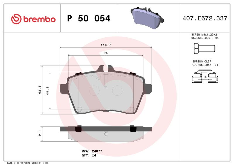 Zestaw klocków hamulcowych, hamulce tarczowe BREMBO p 50 054