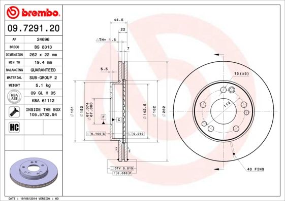 Tarcza hamulcowa BREMBO 09.7291.20