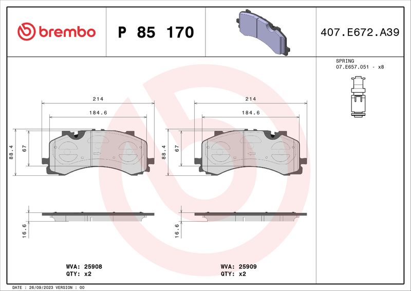 Zestaw klocków hamulcowych, hamulce tarczowe BREMBO P 85 170