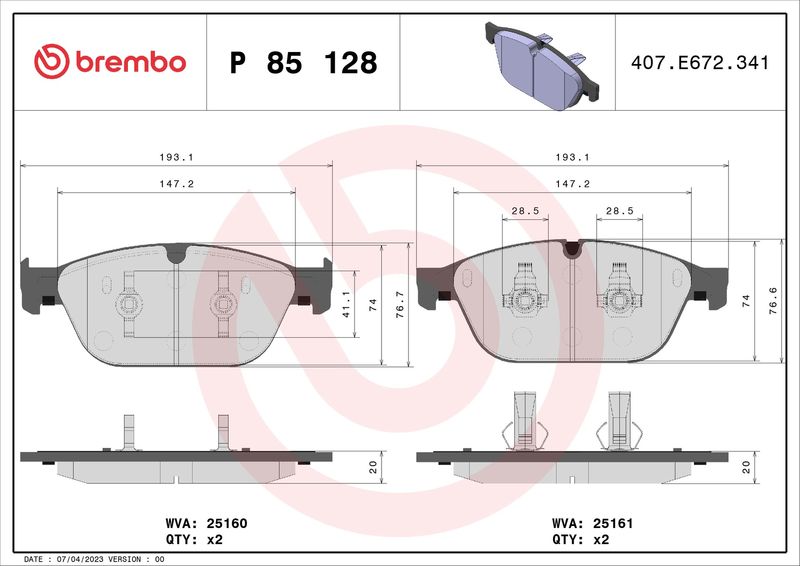 Zestaw klocków hamulcowych, hamulce tarczowe BREMBO P 85 128
