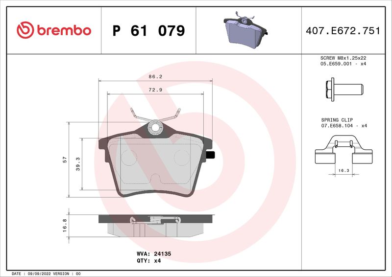 Zestaw klocków hamulcowych, hamulce tarczowe BREMBO P 61 079