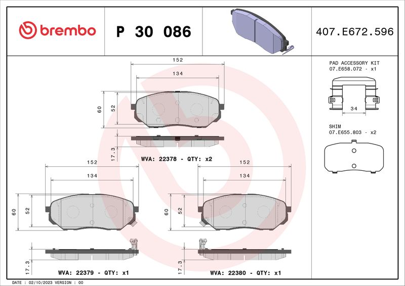 Zestaw klocków hamulcowych, hamulce tarczowe BREMBO P 30 086