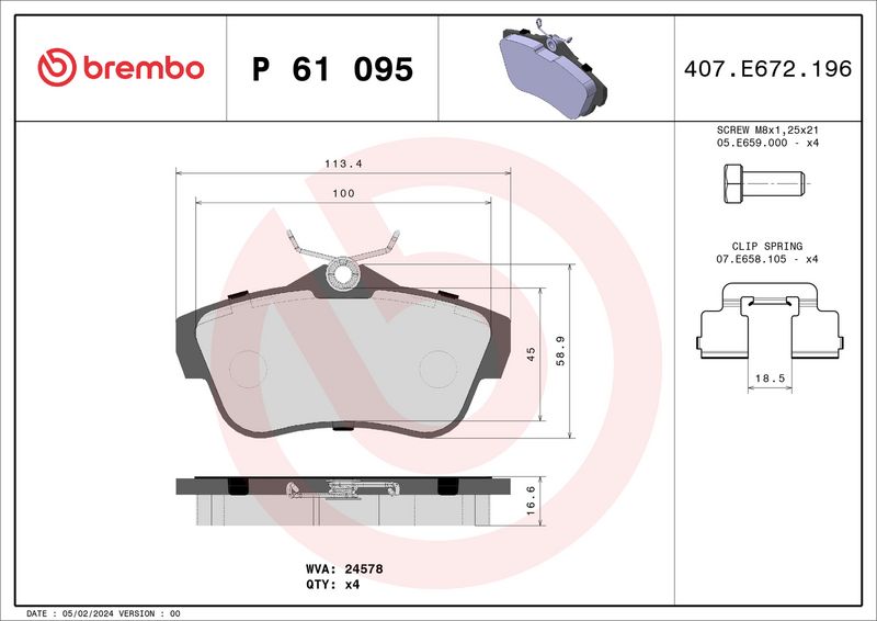 Zestaw klocków hamulcowych, hamulce tarczowe BREMBO P 61 095