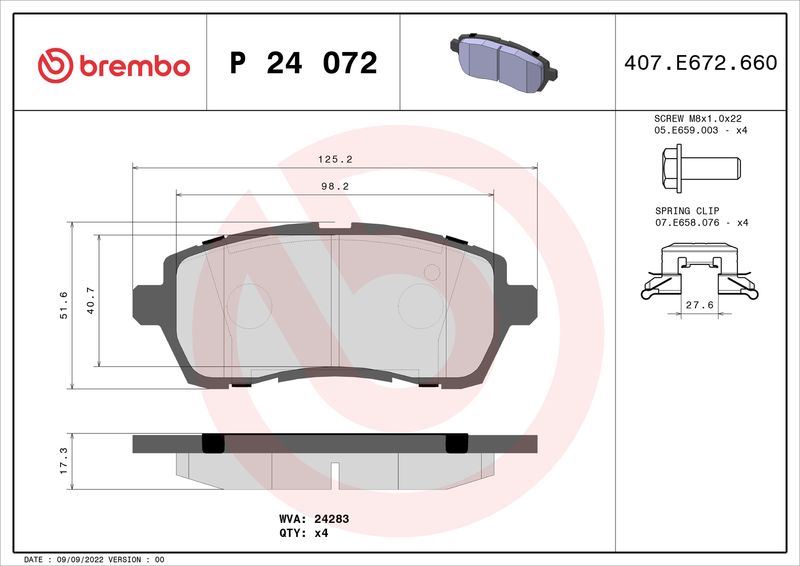 Zestaw klocków hamulcowych, hamulce tarczowe BREMBO P 24 072