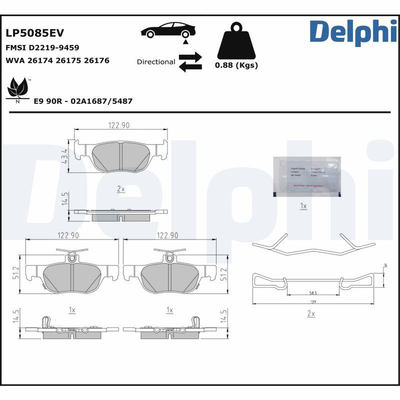 Zestaw klocków hamulcowych, hamulce tarczowe DELPHI LP5085EV