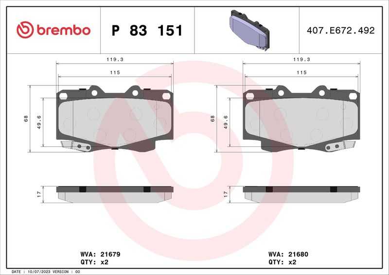 Zestaw klocków hamulcowych, hamulce tarczowe BREMBO P 83 151