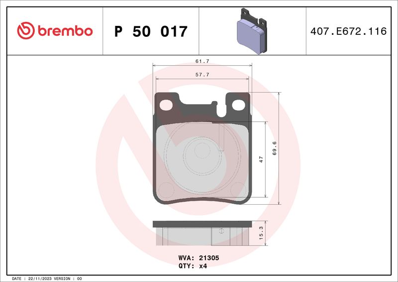 Zestaw klocków hamulcowych, hamulce tarczowe BREMBO P 50 017