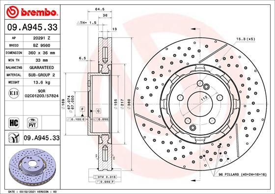 Tarcza hamulcowa BREMBO 09.A945.33