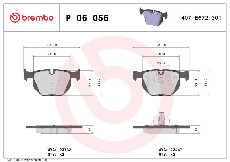 Zestaw klocków hamulcowych, hamulce tarczowe BREMBO P 06 056