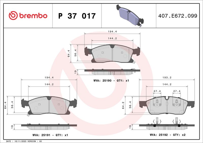 Zestaw klocków hamulcowych, hamulce tarczowe BREMBO P 37 017X