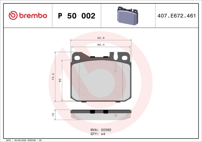 Zestaw klocków hamulcowych, hamulce tarczowe BREMBO P 50 002