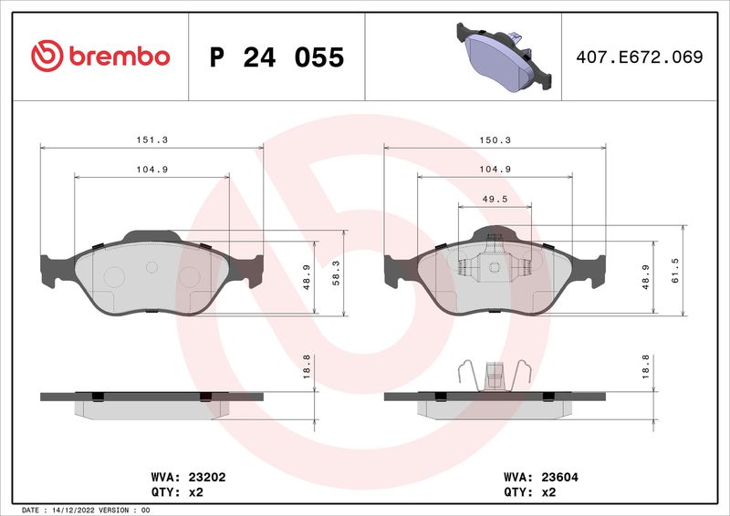 Zestaw klocków hamulcowych, hamulce tarczowe BREMBO P 24 055X