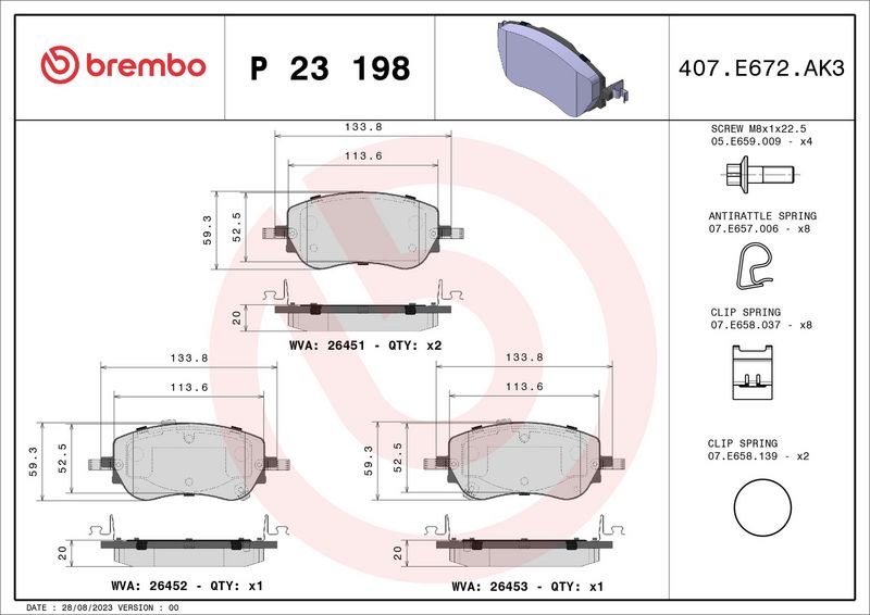 Zestaw klocków hamulcowych, hamulce tarczowe BREMBO P 23 198
