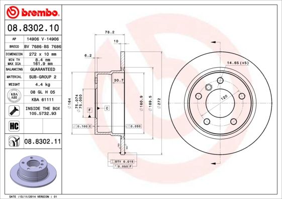 Tarcza hamulcowa BREMBO 08.8302.11