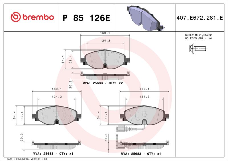 Zestaw klocków hamulcowych, hamulce tarczowe BREMBO P 85 126E